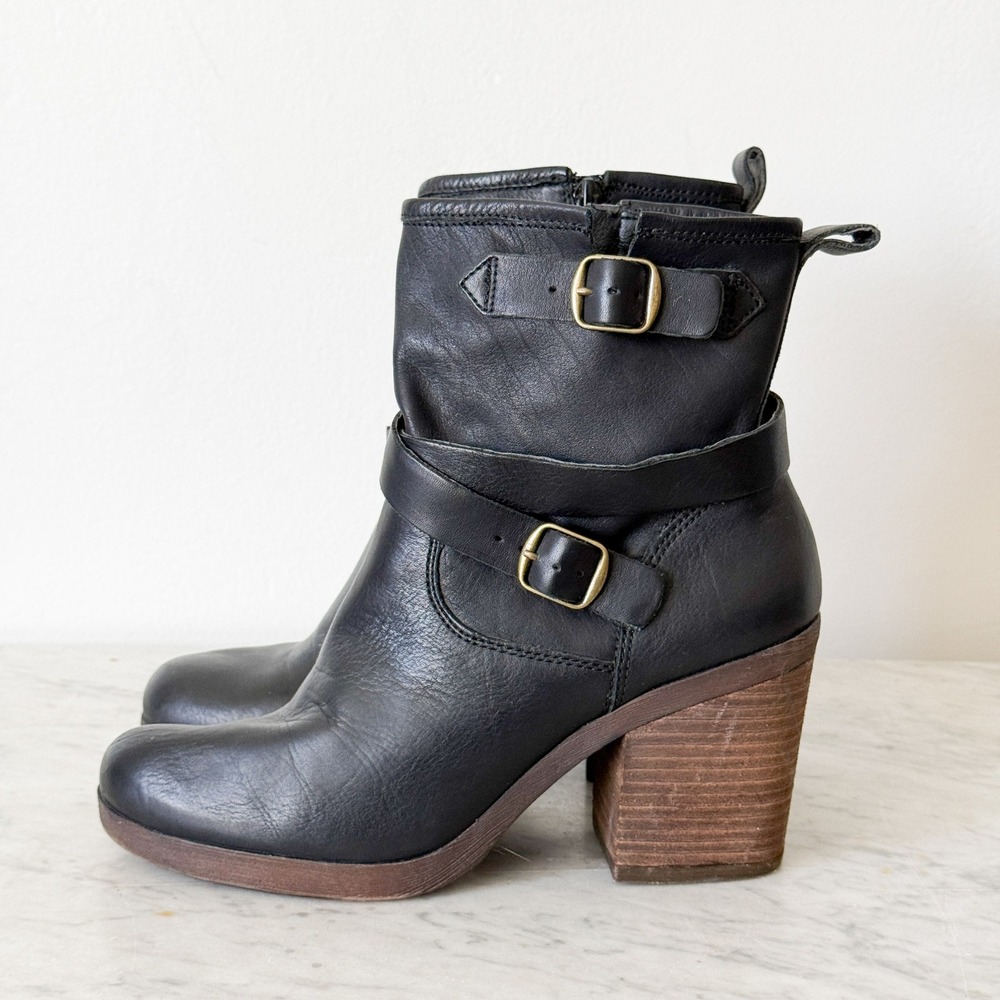 Lucky Brand Orenzo Black Leather Buckle Ankle Moto Boots‎ Block Heel Size 9.5M